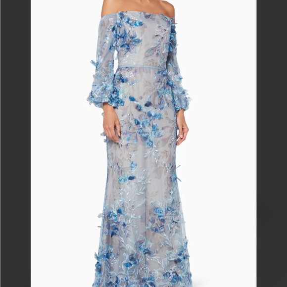 Marchesa Elegant Blue 3D Floral Off-Shoulder Dress - Picture 3 of 4